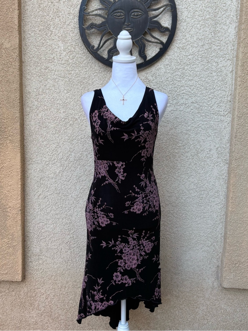 Charlotte Russe Black Pink Glitter Cowl Neck Floral Midi Dress Y2K Whimsigoth